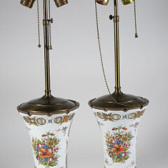 Pair of Hand Painted White Cut to Clear Glass Vases Mounted as Lamps, 19th Century