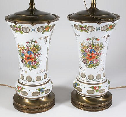 Pair Of 19th Century Hand Painted White Cut To Clear Glass Vases Mounted As Lamps