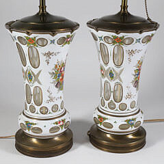 Pair of Hand Painted White Cut to Clear Glass Vases Mounted as Lamps, 19th Century