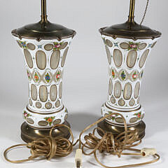 Pair of Hand Painted White Cut to Clear Glass Vases Mounted as Lamps, 19th Century