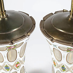 Pair of Hand Painted White Cut to Clear Glass Vases Mounted as Lamps, 19th Century
