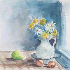 G. Curcio Watercolor on Paper “Daisies in a White Pitcher Still Life”