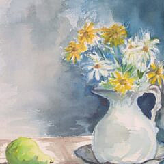 G. Curcio Watercolor on Paper “Daisies in a White Pitcher Still Life”