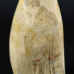 Antique Polychrome Scrimshaw Whale Tooth Depicting the Locket Engraver, 19th Century