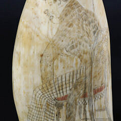 Antique Polychrome Scrimshaw Whale Tooth Depicting the Locket Engraver, 19th Century