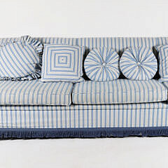 Large Blue and White Striped Upholstered Sofa