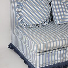 Large Blue and White Striped Upholstered Sofa