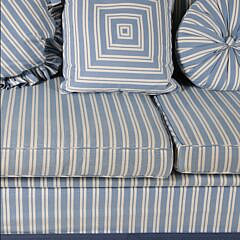Large Blue and White Striped Upholstered Sofa