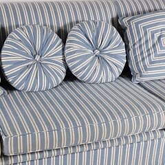 Large Blue and White Striped Upholstered Sofa