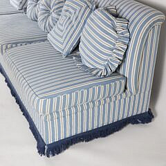 Large Blue and White Striped Upholstered Sofa
