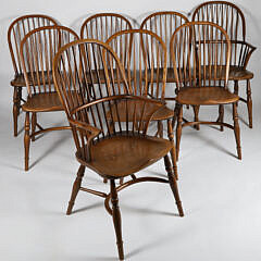 Set of 8 Vintage English Oak Bow Back Windsor Style Dining Chairs