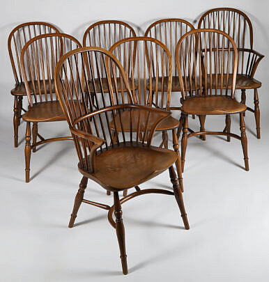 Set of 8 Vintage English Oak Bow Back Windsor Style Dining Chairs