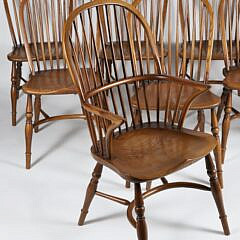 Set of 8 Vintage English Oak Bow Back Windsor Style Dining Chairs