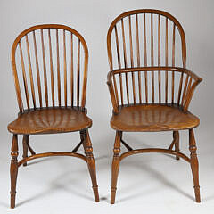 Set of 8 Vintage English Oak Bow Back Windsor Style Dining Chairs