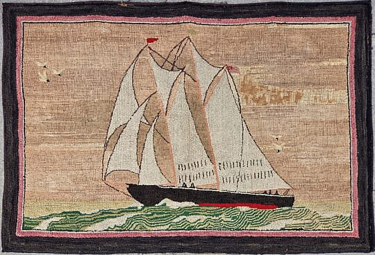 Antique Schooner Hooked Rug