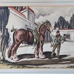 J.R. Kildare Watercolor on Paper “Clydesdale and His Handler”, circa 1935