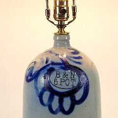 19th C. Cobalt Blue Decorated Stoneware Bottle Jug Lamp