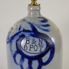 19th C. Cobalt Blue Decorated Stoneware Bottle Jug Lamp