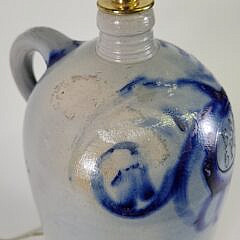 19th C. Cobalt Blue Decorated Stoneware Bottle Jug Lamp