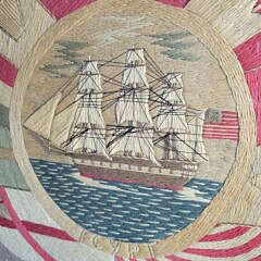 Rare Antique American Sailor Made Woolie with U.S. Navy Frigate Warship, 19th century