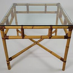 Vintage Mid Century Modern Glass Top Bamboo Table