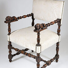 Carved English Upholstered Back and Seat Armchair with Full Reclining Lion Armrest