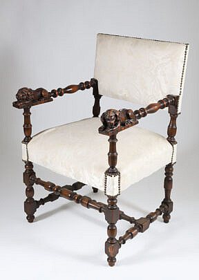 Carved English Upholstered Back and Seat Armchair with Full Reclining Lion Armrest