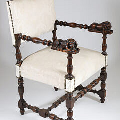 Carved English Upholstered Back and Seat Armchair with Full Reclining Lion Armrest