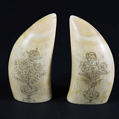 Pair of Scrimshaw Antique Whale Teeth “Sailor and Clipper”