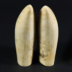 Pair of Scrimshaw Antique Whale Teeth “Sailor and Clipper”