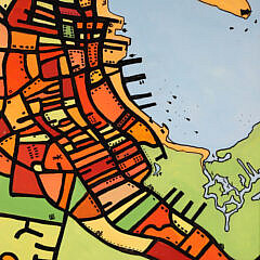Jan Purdy Metcalf Oil on Board “Folk Art Nantucket Aerial Street View Map of Downtown”