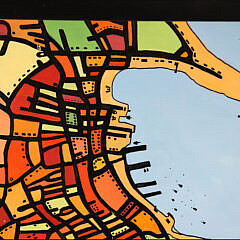 Jan Purdy Metcalf Oil on Board “Folk Art Nantucket Aerial Street View Map of Downtown”
