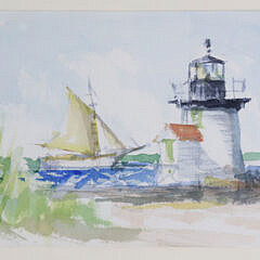 David Lazarus Watercolor on Paper, “Sailboat Rounding Brant Point”