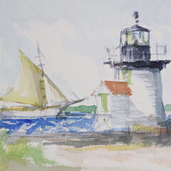 David Lazarus Watercolor on Paper, “Sailboat Rounding Brant Point”