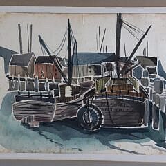 Attributed to Andrew Shunney Watercolor on Paper, “Nantucket Wharf”