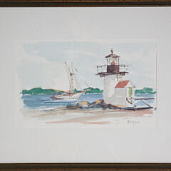 David Lazarus Watercolor on Paper "Sailboat Rounding Brant Point, Nantucket"