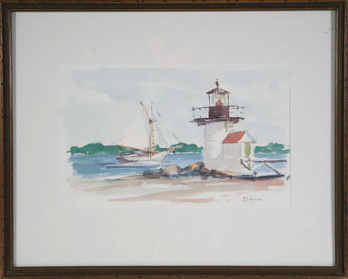 David Lazarus Watercolor on Paper "Sailboat Rounding Brant Point, Nantucket"