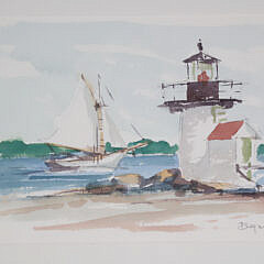 David Lazarus Watercolor on Paper “Sailboat Rounding Brant Point, Nantucket”