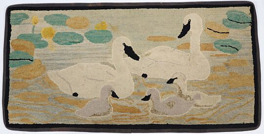 Vintage Swan Cygnets Hooked Rug