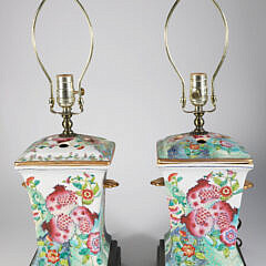 Pair Of Square Pomegranate Pattern Bow Pot Porcelain Lamps