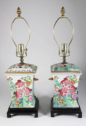 Pair Of Square Pomegranate Pattern Bow Pot Porcelain Lamps
