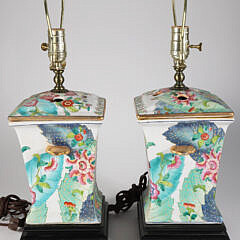 Pair of Square Pomegranate Pattern Bough Pot Porcelain Lamps