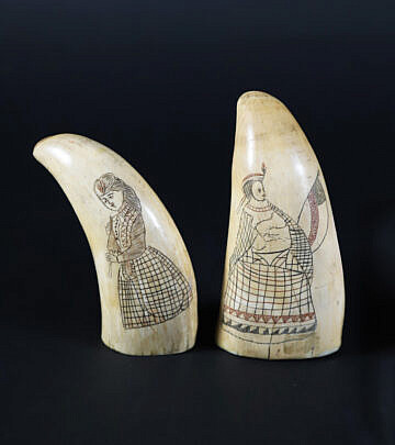 Two Scrimshaw Whale Teeth, 19th Century
