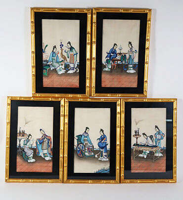Group of Five Chinese Export Watercolors on Pith Paper