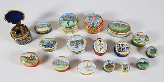 Collection of 17 English Halcyon Days Enamel Commemorative Boxes