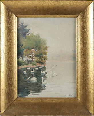 A. Riddell Watercolor "Boston Common Swans"