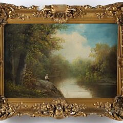 B. Ward Oil on Canvas River Landscape With Fisherman, 19th Century