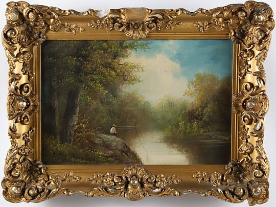 B. Ward Oil on Canvas River Landscape With Fisherman, 19th Century