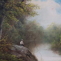 B. Ward Oil on Canvas “River Landscape With Fisherman”, 19th Century