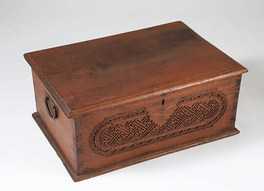 Antique Carved Teak Wood Document Box, 19th Century
